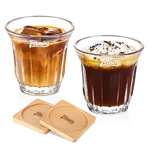 Bincoo Glass Coffee Mug Set 2x90ML, Clear Glass Coffee Mugs with Wooden Coasters, Coffee, Cappuccino, Latte, Espresso - Image 2