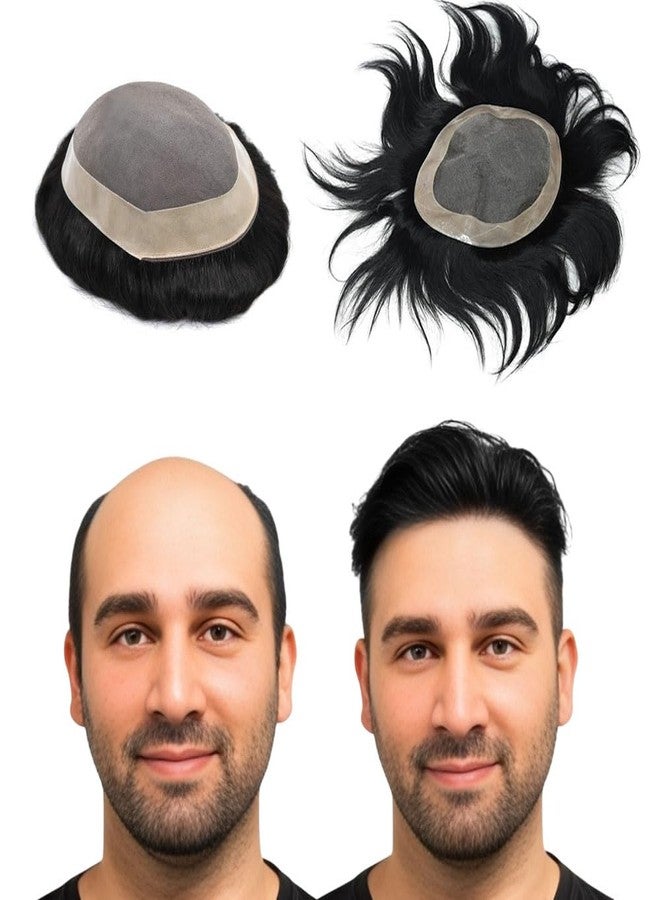 VIVIAN Natural Human hair Patch FINE Regular Base with Half PU Strip 100% Human Hair Men Wig (9X6) - Image 1