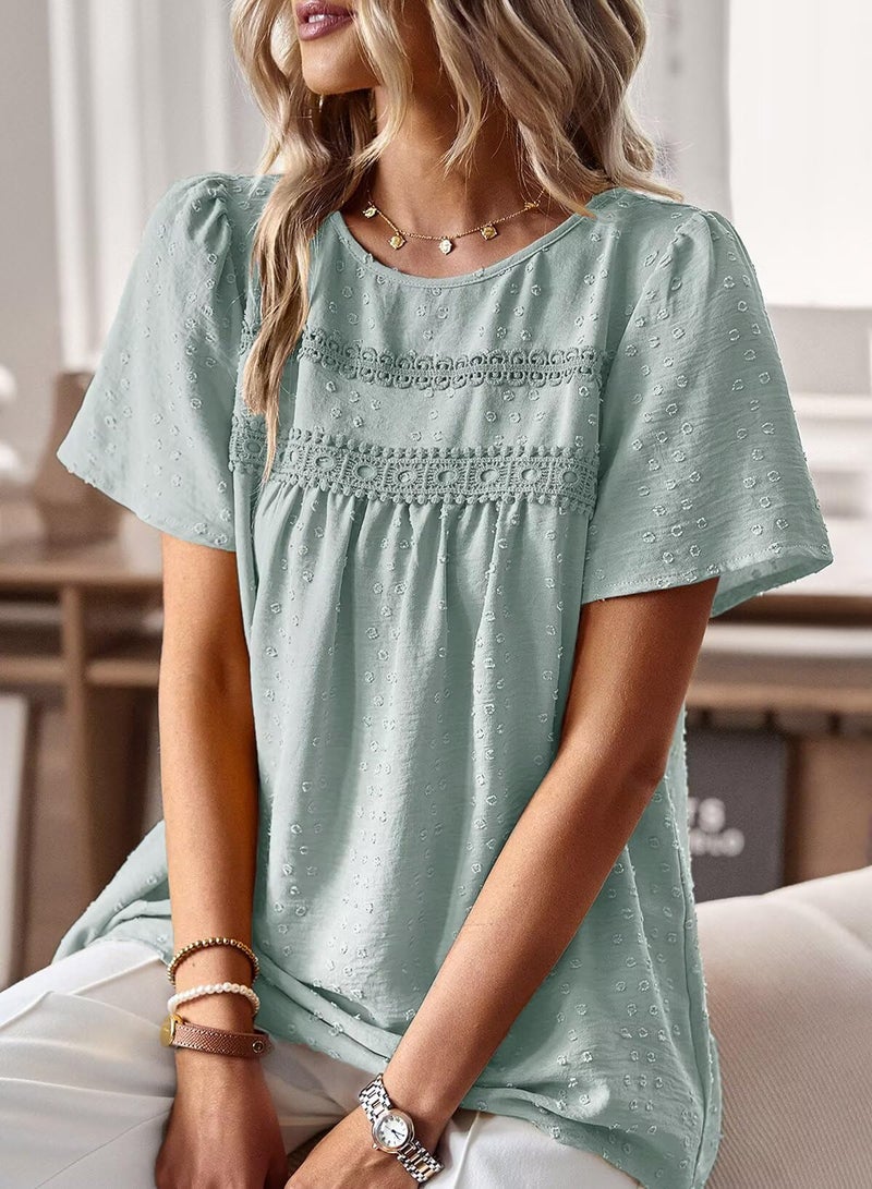 Falechay Womens Tops Dressy Casual Cute Summer Blouses for Women Flowy Bohemian Pullover Crewneck Short Sleeve Fall Grey Green XL - Image 2