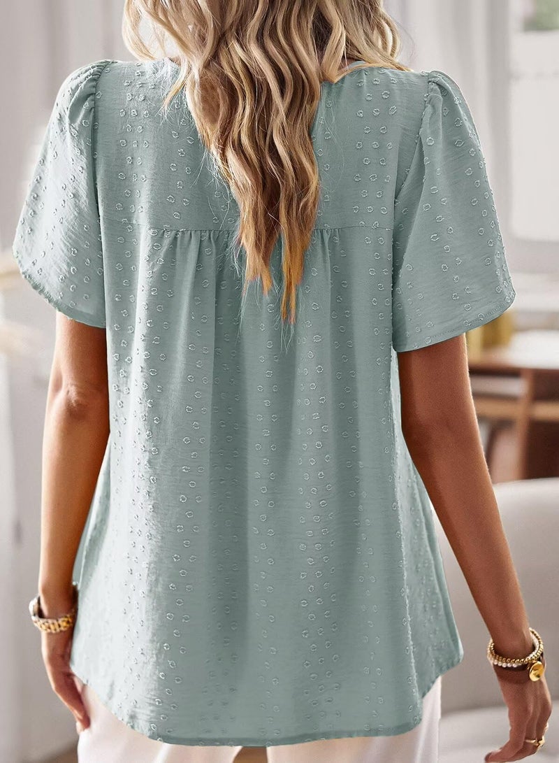 Falechay Womens Tops Dressy Casual Cute Summer Blouses for Women Flowy Bohemian Pullover Crewneck Short Sleeve Fall Grey Green XL - Image 3
