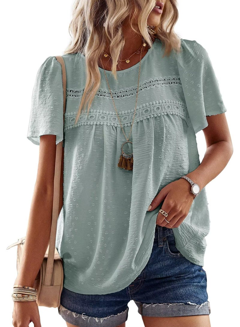 Falechay Womens Tops Dressy Casual Cute Summer Blouses for Women Flowy Bohemian Pullover Crewneck Short Sleeve Fall Grey Green XL - Image 1