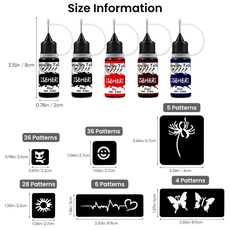 ISEHERI Temporary Tattoo Kit 5 Bottles Color Inks,115 Pcs Stencils Kit for Body Paint DIY Fake Tattoos for Kids(black*2, brown, red, cyan) - Image 2