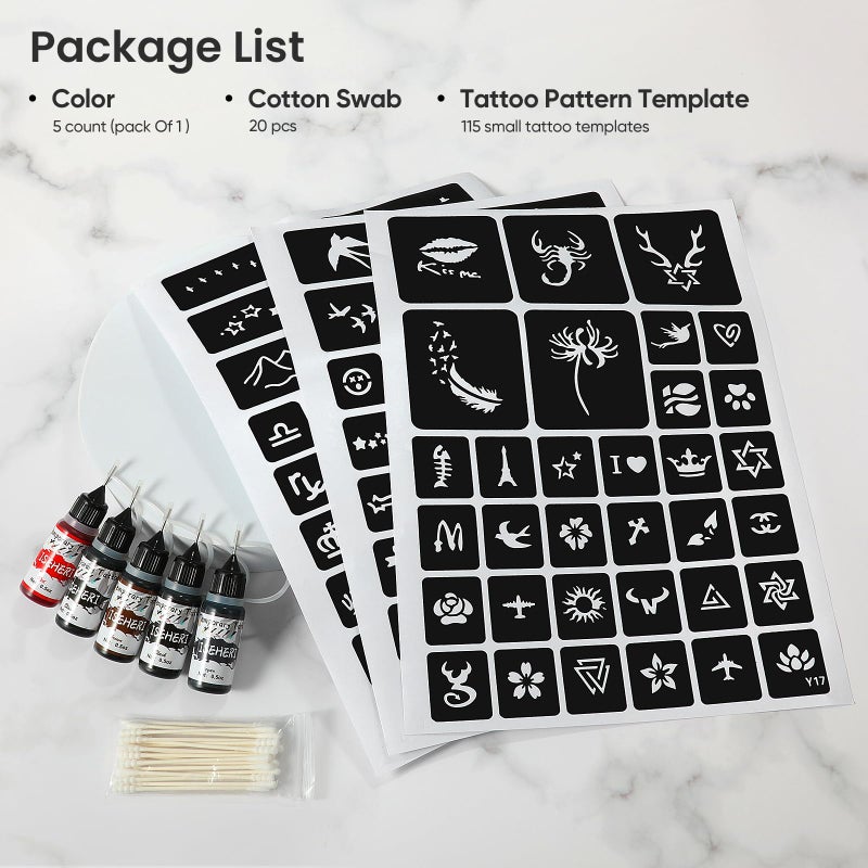 ISEHERI Temporary Tattoo Kit 5 Bottles Color Inks,115 Pcs Stencils Kit for Body Paint DIY Fake Tattoos for Kids(black*2, brown, red, cyan) - Image 3