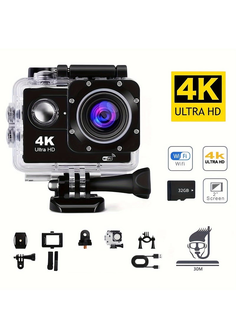 Helmet Camera, Small Camera, 360-degree Panoramic Camera, 4K Action Camera, 1080P Action Camera (with Waterproof Housing), Mini Smart HD Waterproof Outdoor Camera (with 32GB Memory Card) - Image 1