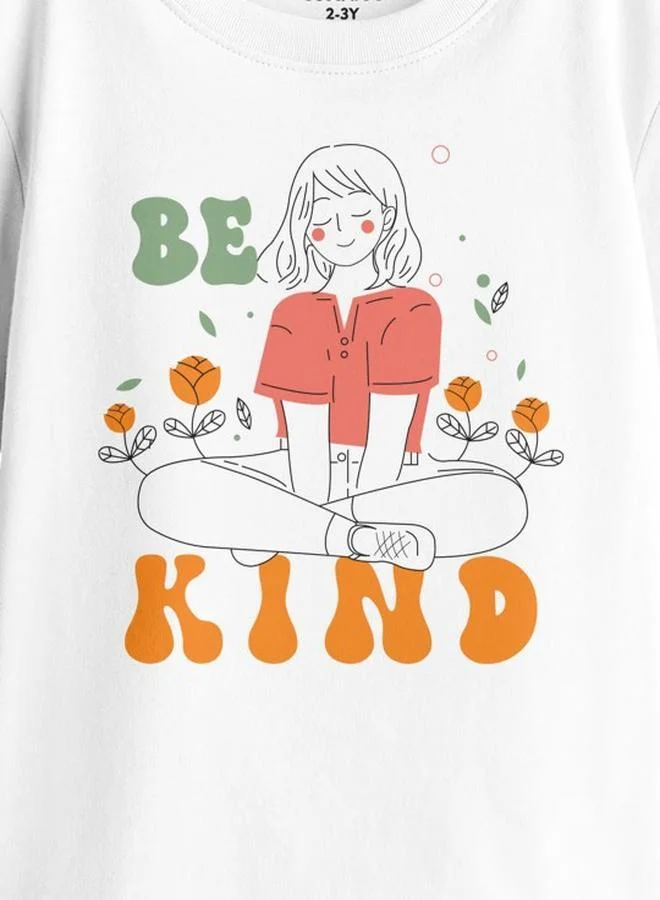 Bonorganik Girl's White 100% Cotton Printed Oversized T-Shirt