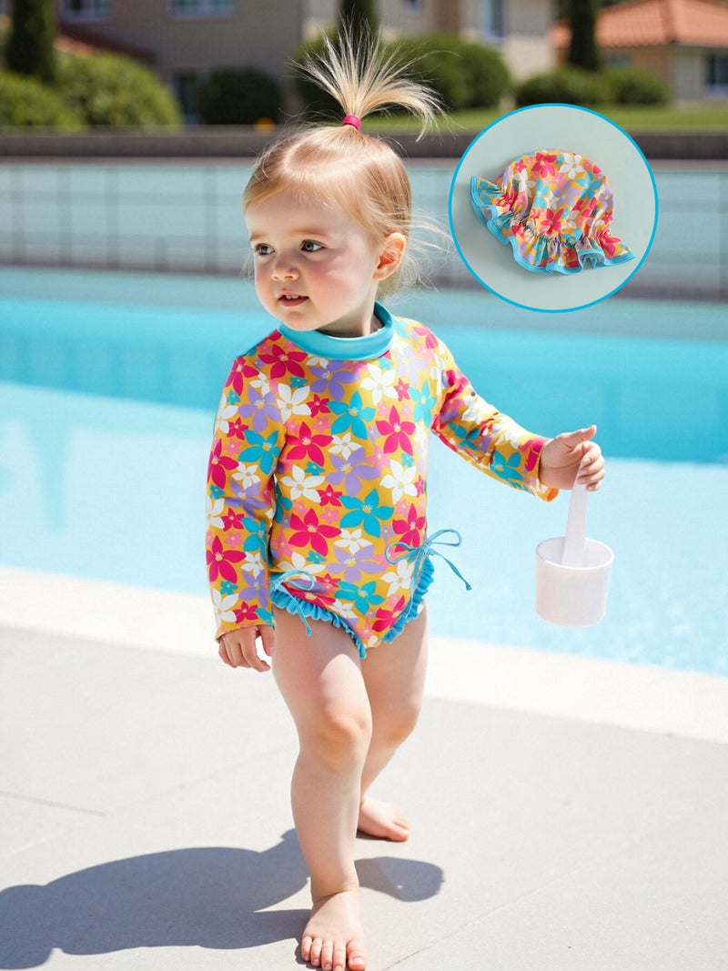 Kids Girl Swimsuits Plaid/Flower/Fruit Print Ruffles Rash Guard Swimwear and Swim Cap for Toddler Bathing Suits - Image 5