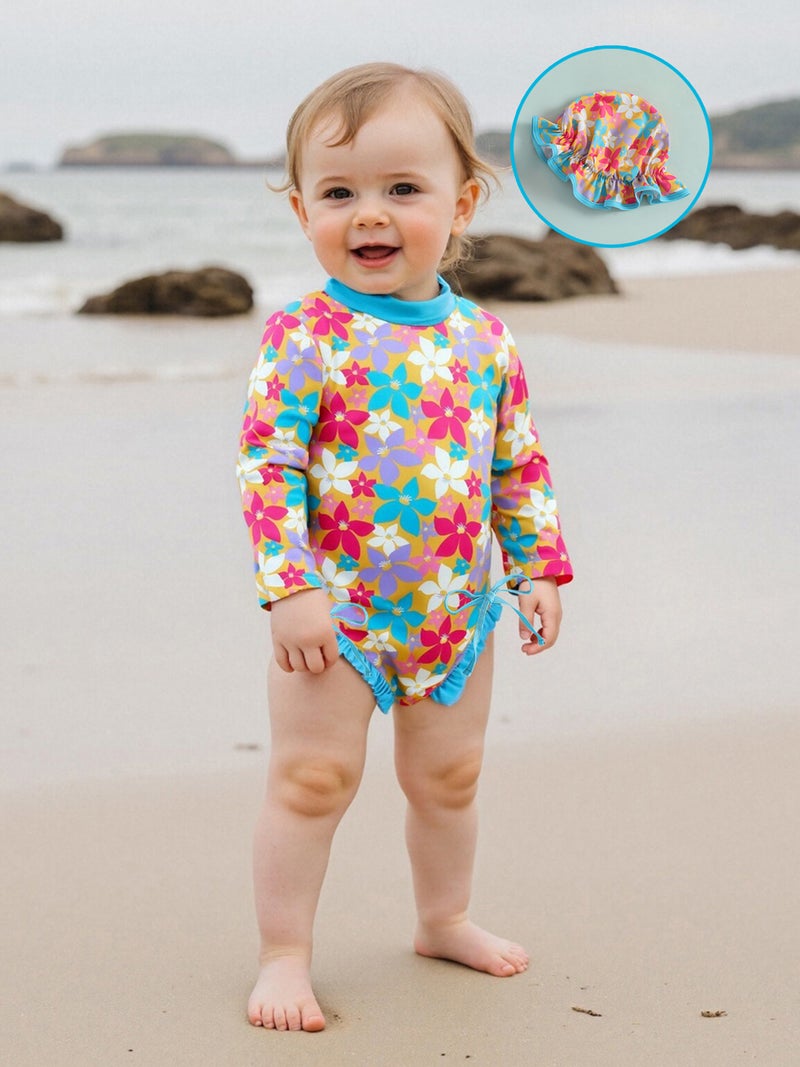 Kids Girl Swimsuits Plaid/Flower/Fruit Print Ruffles Rash Guard Swimwear and Swim Cap for Toddler Bathing Suits - Image 3