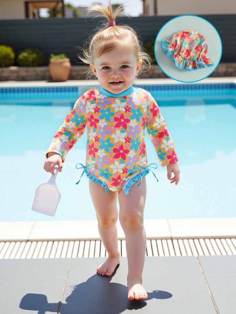 Kids Girl Swimsuits Plaid/Flower/Fruit Print Ruffles Rash Guard Swimwear and Swim Cap for Toddler Bathing Suits - Image 2