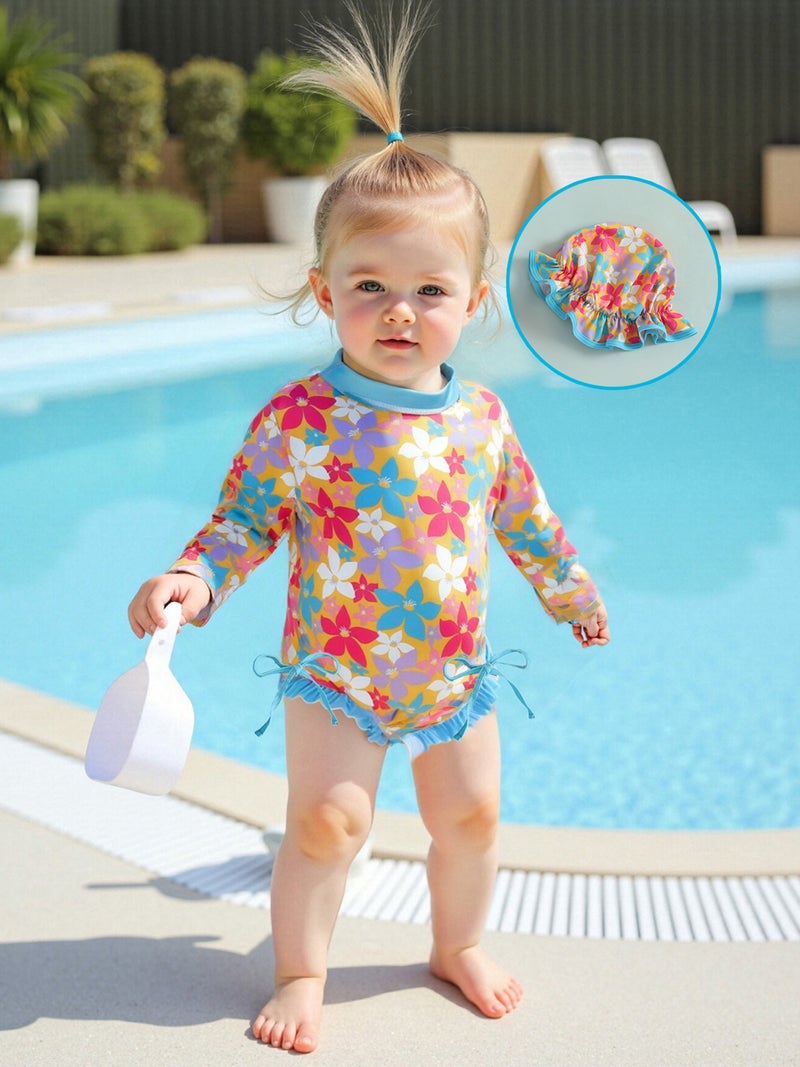 Kids Girl Swimsuits Plaid/Flower/Fruit Print Ruffles Rash Guard Swimwear and Swim Cap for Toddler Bathing Suits - Image 4