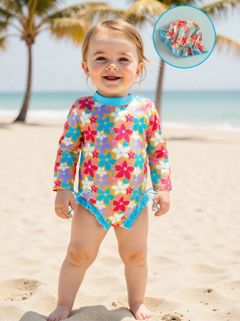 Kids Girl Swimsuits Plaid/Flower/Fruit Print Ruffles Rash Guard Swimwear and Swim Cap for Toddler Bathing Suits - Image 1