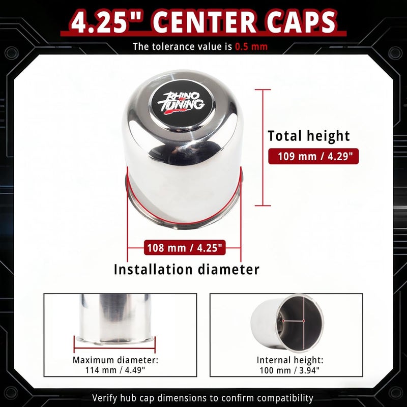 RTRHINOTUNING 4pcs 4.25in Stainless Steel Trailer Wheel Center Caps for Truck SUV RV Rim Center Caps 4.29" Tall Chrome Push Through Hub Cover - Image 2