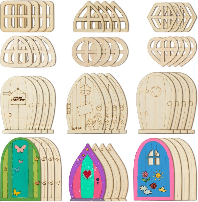 AUEAR , 48 Pack Fairy Door Miniature Wooden Garden Doors Windows Unfinished Window Accessories Unpainted Mini House DIY Craft for Wall Home Party Decoration (Style B) - Image 1