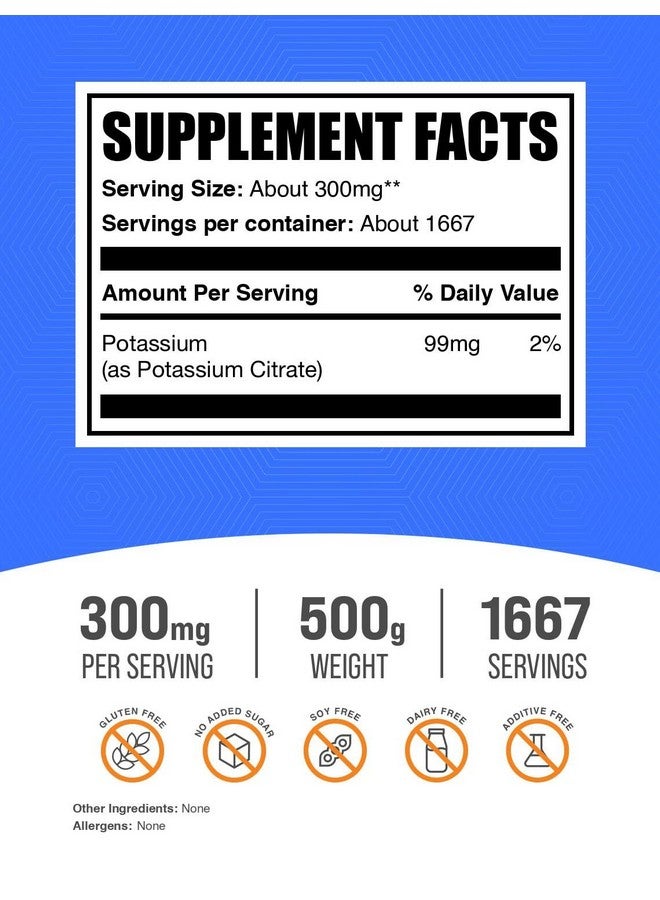 بالك سابلمنتس مسحوق سترات البوتاسيوم من BulkSupplements.com - مكمل سترات البوتاسيوم، مسحوق البوتاسيوم، 99 ملغ من البوتاسيوم - خالٍ من الغلوتين، 300 ملغ لكل حصة، 500 غرام (1.1 رطل) (عبوة من قطعة واحدة) - Image 1