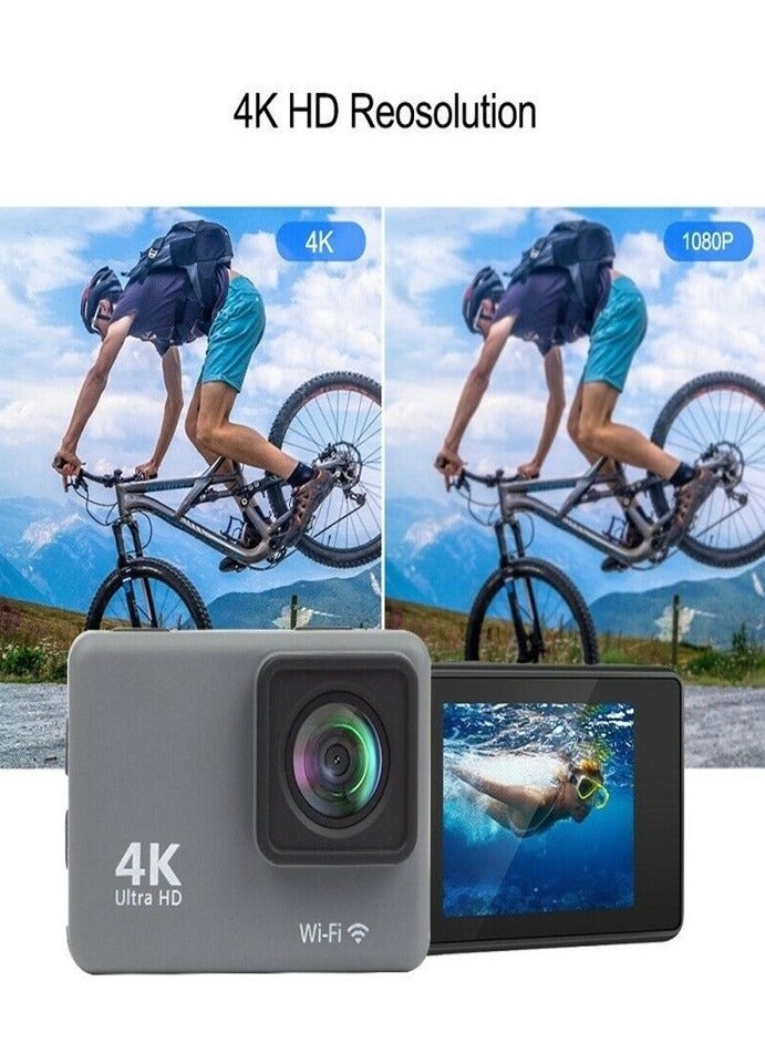 Gray Sports Camera 4K 128GB Anti-Shake Camera with Remote Control Sports Camera - Image 1