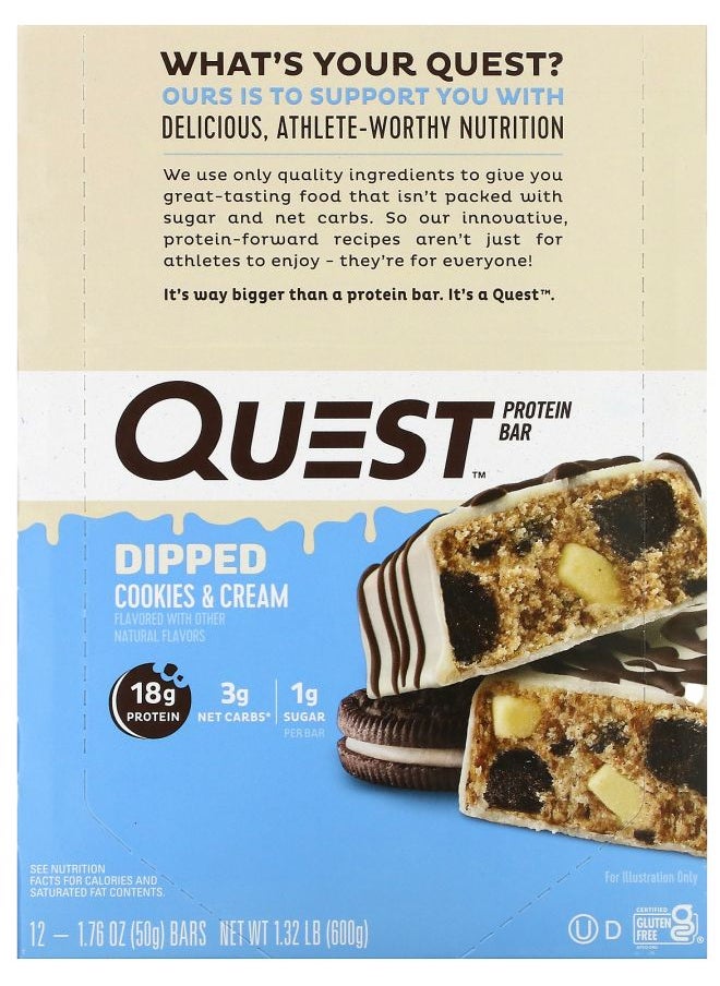 QUEST NUTRITION Protein Bar Dipped Cookies & Cream 12 Bars 1.76 oz (50 g) Each 