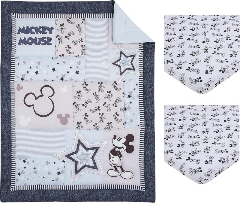 Disney Mickey Mouse Timeless 3-Piece Nursery Mini Crib Bedding Set - Comforter & Two Fitted Sheets in Gray, White, and Blue - Image 1