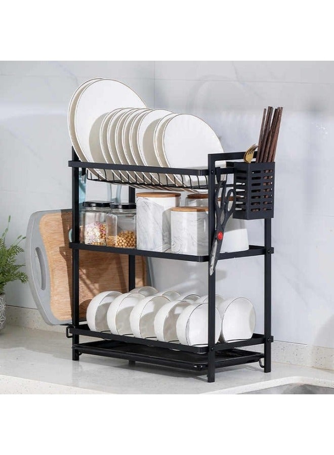 هابي هوم مطبقية استانلس ستيل 3 رف لتجفيف وحامل الاطباق والاواني بحوامل وعليقات جانبية للشوك والسكاكين وألواح التقطيع 50X8X25سم - أسود - Image 2