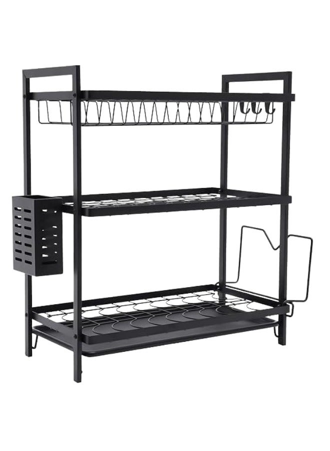 هابي هوم مطبقية استانلس ستيل 3 رف لتجفيف وحامل الاطباق والاواني بحوامل وعليقات جانبية للشوك والسكاكين وألواح التقطيع 50X8X25سم - أسود - Image 3