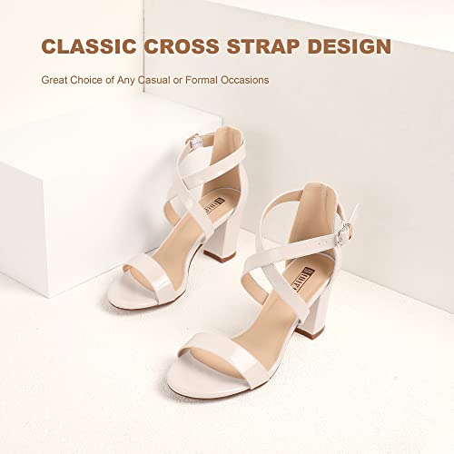 IDIFU Women's IN3 Grace Strappy Block Heels Sandals Comfy Open Toe Chunky Dress Wedding Shoes with Adjustable Cross Strap (Nude Patent, 7.5 M US) - Image 4