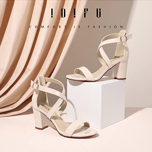 IDIFU Women's IN3 Grace Strappy Block Heels Sandals Comfy Open Toe Chunky Dress Wedding Shoes with Adjustable Cross Strap (Nude Patent, 7.5 M US) - Image 2