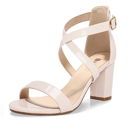 IDIFU Women's IN3 Grace Strappy Block Heels Sandals Comfy Open Toe Chunky Dress Wedding Shoes with Adjustable Cross Strap (Nude Patent, 7.5 M US) - Image 1