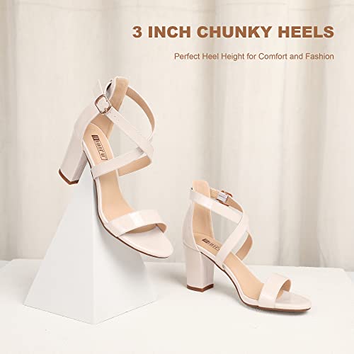 IDIFU Women's IN3 Grace Strappy Block Heels Sandals Comfy Open Toe Chunky Dress Wedding Shoes with Adjustable Cross Strap (Nude Patent, 7.5 M US) - Image 3