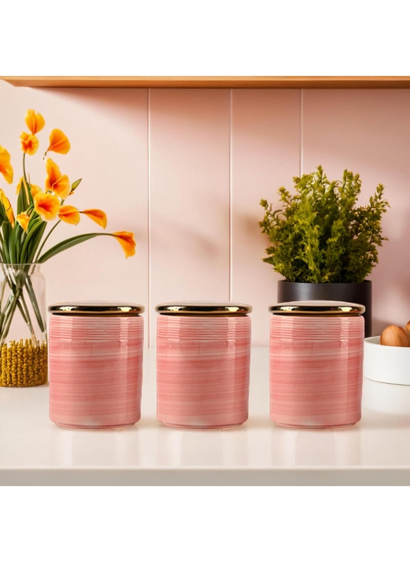 Kuber Industries Kuber Industries Set of 3 720 ml Airtight Ceramic Salt Jar Storage Set with Ceramic Lid or Holder For Kitchen Condiment Chini Mitti Barni Pots Container for Achar Sugar Pink  - Image 1
