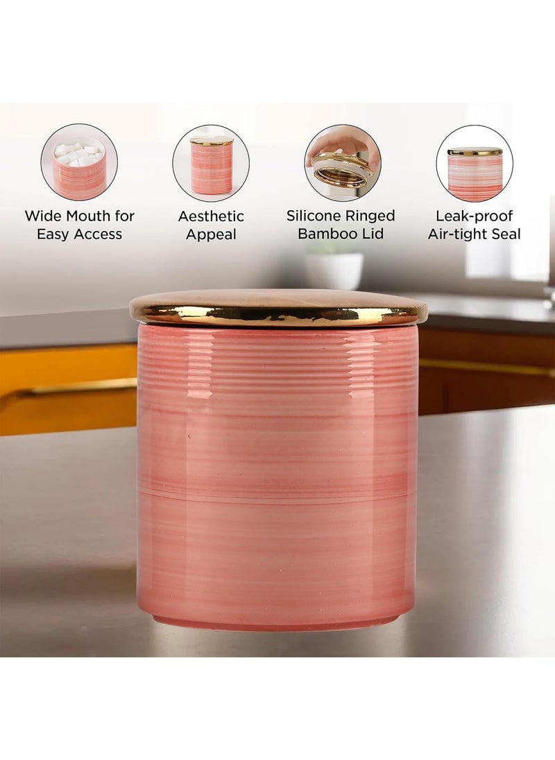 Kuber Industries Kuber Industries Set of 3 720 ml Airtight Ceramic Salt Jar Storage Set with Ceramic Lid or Holder For Kitchen Condiment Chini Mitti Barni Pots Container for Achar Sugar Pink  - Image 4