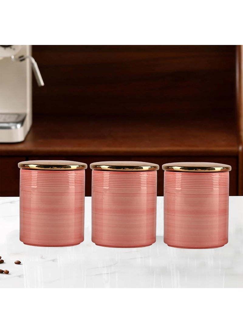 Kuber Industries Kuber Industries Set of 3 720 ml Airtight Ceramic Salt Jar Storage Set with Ceramic Lid or Holder For Kitchen Condiment Chini Mitti Barni Pots Container for Achar Sugar Pink  - Image 2