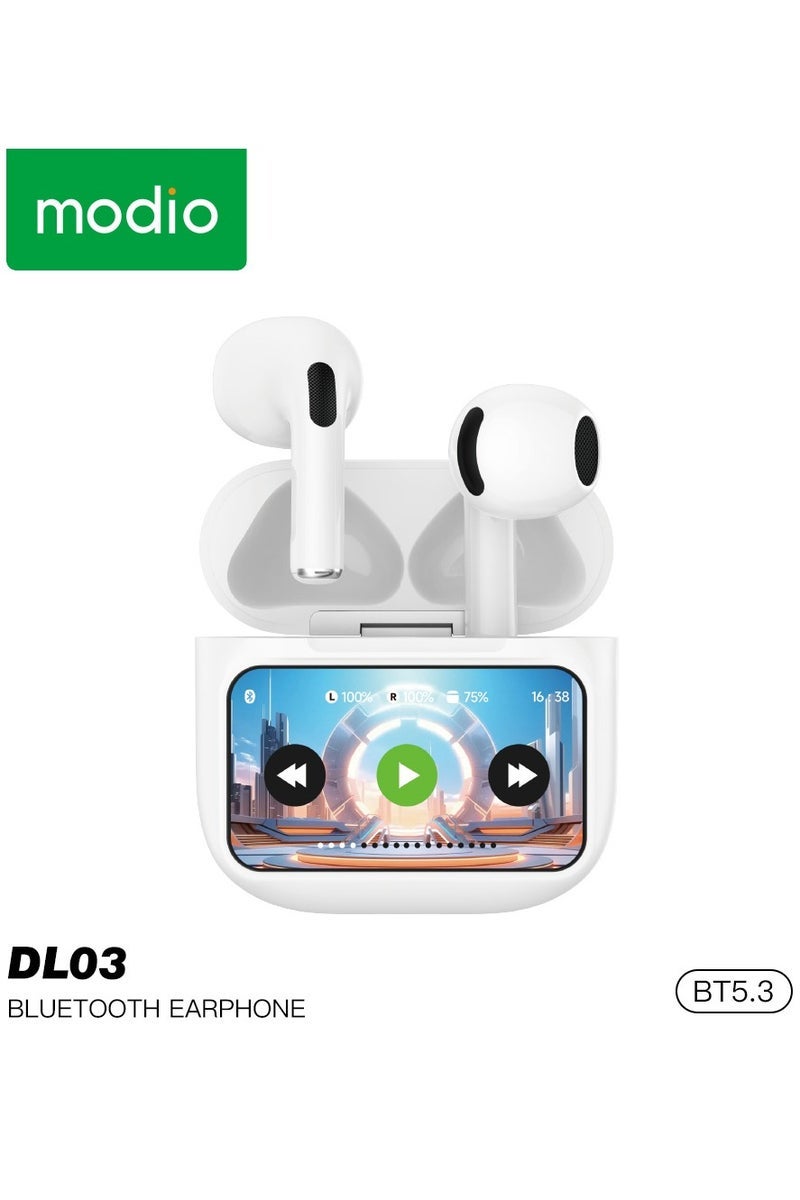 Modio DL03 Smart Touch Display Wireless Earphones With ANC Noise Cancelling and HD Microphone Compatible with iPhones and iPads White - Image 1