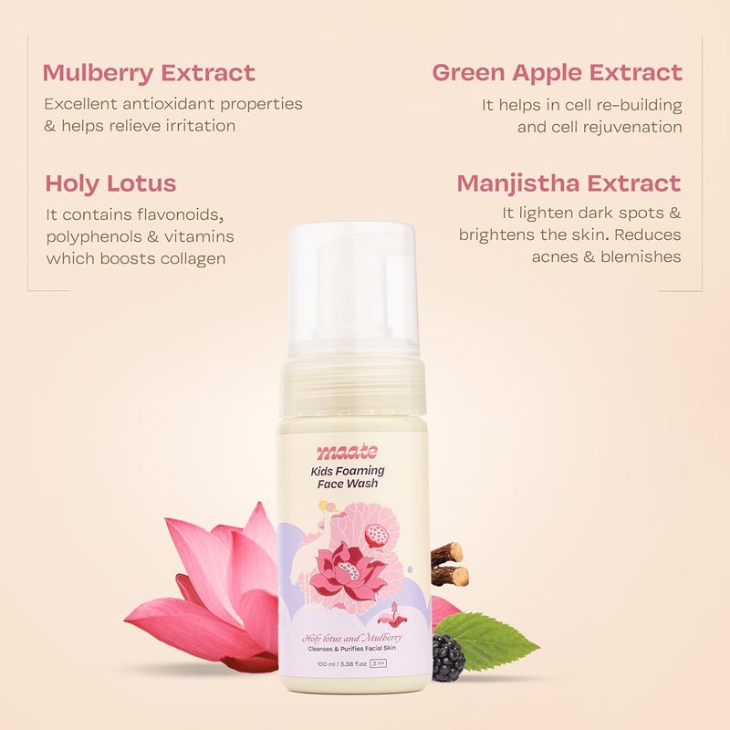 Maate Kids Foaming Face Wash 100 ml With Ayurvedic Herbs Holy Lotus Mulberry Cleanses Purifies Facial Skin Baby Face Wash 312 Years Nourish All Skin Type pH Balanced - Image 3