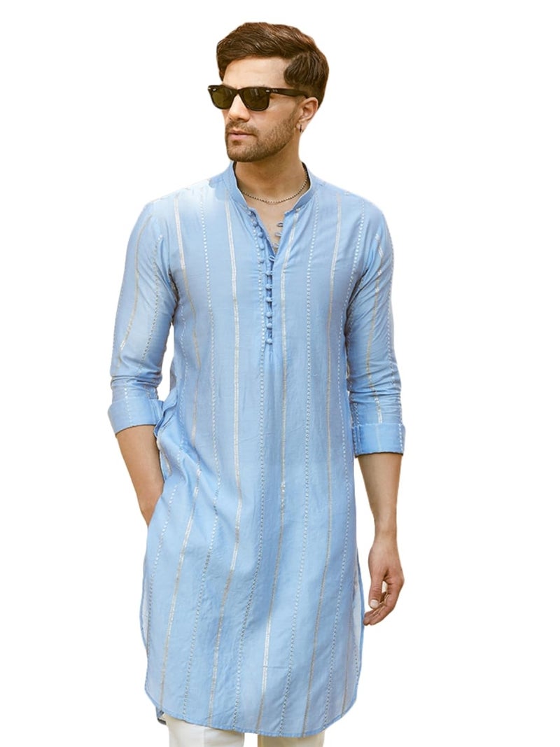 See Designs Men Full Sleeve Turquoise Blue Chanderi Silk Sequins Mandarin Collar Side Slit Kurta - SDMKT1444M - Image 1