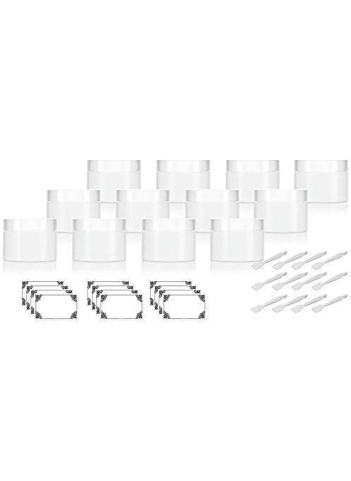 JUVITUS (12 Pack) 2 oz White Double Wall Plastic Jar with Airtight Lined Lid + Spatulas and Labels 