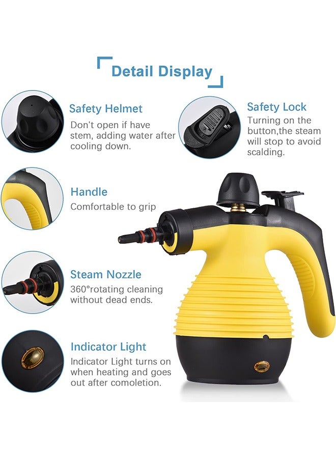 1050W Handheld Steam Cleaner for Home Pressurized Steam Cleaner with 9 Accessories and Safety Lock, 9.8Ft Extended Power Cord，Multi-Purpose Steamer for Home Use, Floor, Car, Upholstery, Grout(Yellow - Image 2