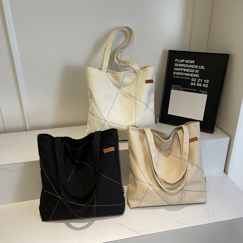 Large Capacity Tote Bag Women'S Autumn New Stitch Design Shoulder Bag Fashionable Commuter Bag All-Match Trendy Canvas Bag - Image 5