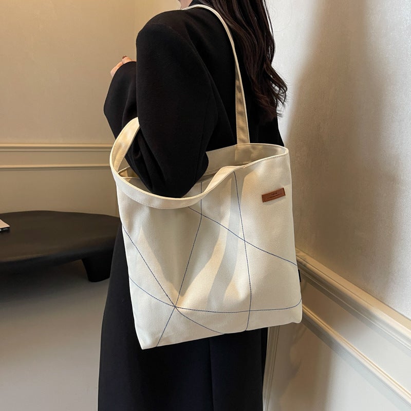 Large Capacity Tote Bag Women'S Autumn New Stitch Design Shoulder Bag Fashionable Commuter Bag All-Match Trendy Canvas Bag - Image 3