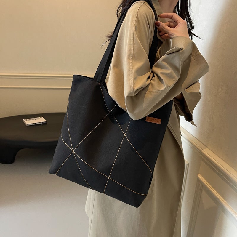 Large Capacity Tote Bag Women'S Autumn New Stitch Design Shoulder Bag Fashionable Commuter Bag All-Match Trendy Canvas Bag - Image 2