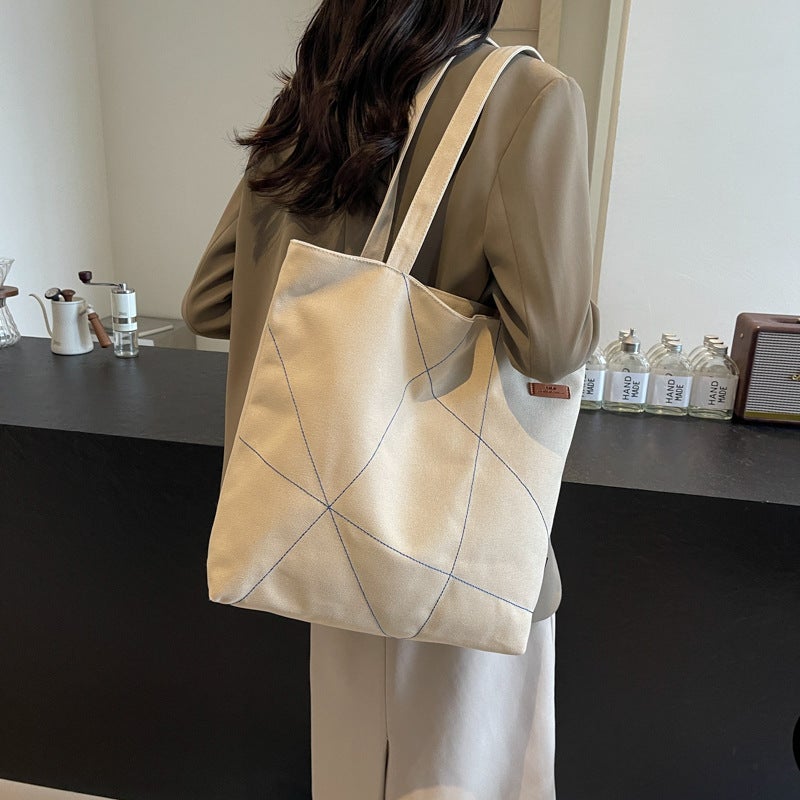 Large Capacity Tote Bag Women'S Autumn New Stitch Design Shoulder Bag Fashionable Commuter Bag All-Match Trendy Canvas Bag - Image 4