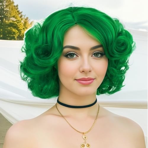 GNIMEGIL Green Wigs For Women Short Dark Green Curly Wig Layered Big Wavy Cosplay Wig St Patricks Day Synthetic Hair Halloween Costume Party - Image 1