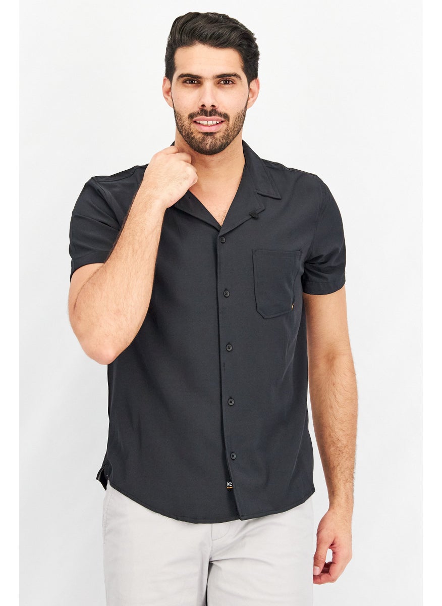 Kenneth Cole Men Regular Fit Short Sleeves Textured Casual Shirts, Black  - Image 1