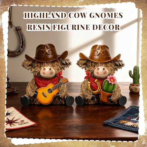 Burbell 2 Pcs Highland Cow Figurines Decor Cowboy Gnomes with Western Cowboy Hat Resin Statue Calf Lovers Gifts for Farmhouse Home Garden Bathroom Kitchen Office Tiered Tray Table Decor - Image 3