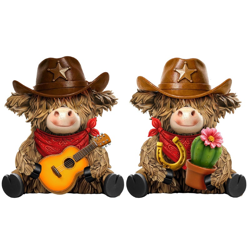 Burbell 2 Pcs Highland Cow Figurines Decor Cowboy Gnomes with Western Cowboy Hat Resin Statue Calf Lovers Gifts for Farmhouse Home Garden Bathroom Kitchen Office Tiered Tray Table Decor - Image 2