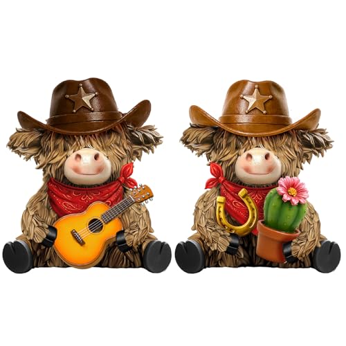 Burbell 2 Pcs Highland Cow Figurines Decor Cowboy Gnomes with Western Cowboy Hat Resin Statue Calf Lovers Gifts for Farmhouse Home Garden Bathroom Kitchen Office Tiered Tray Table Decor - Image 1