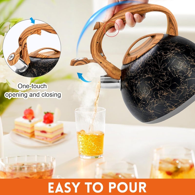 GGC Tea Kettle for Stove Top, Loud Whistling Kettle for Boiling Water Coffee or Milk, 3.1 Quart Stainless Steel Art Line Black Kettle with Wood Pattern Handle, Unique Button Control Kettle Outlet - Image 5