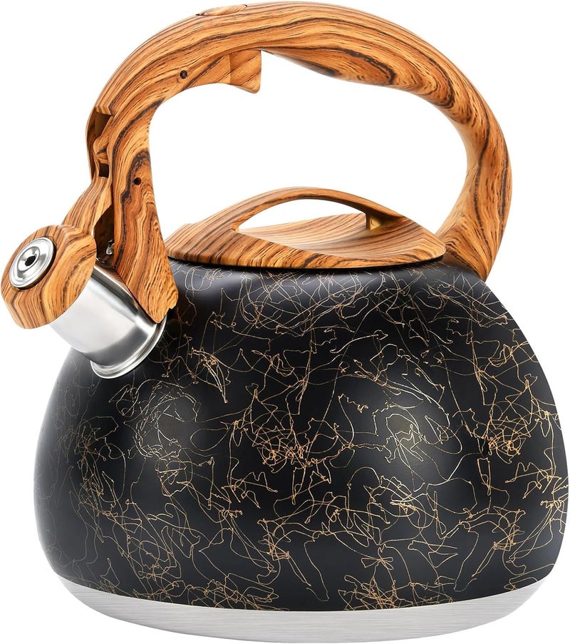 GGC Tea Kettle for Stove Top, Loud Whistling Kettle for Boiling Water Coffee or Milk, 3.1 Quart Stainless Steel Art Line Black Kettle with Wood Pattern Handle, Unique Button Control Kettle Outlet - Image 1