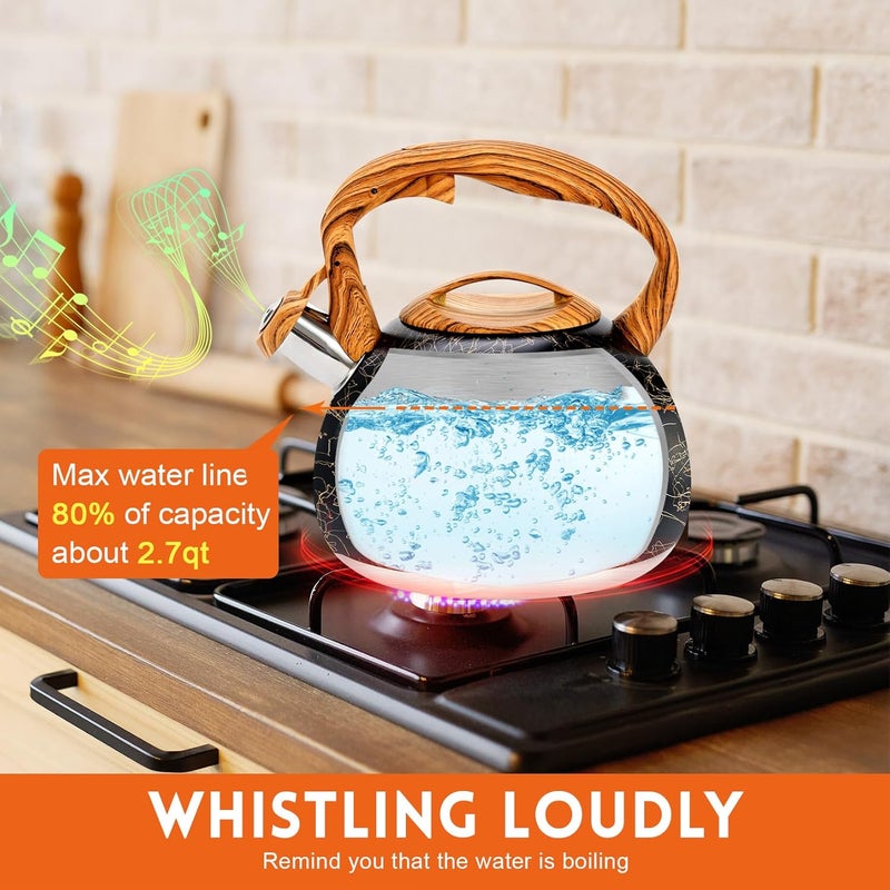 GGC Tea Kettle for Stove Top, Loud Whistling Kettle for Boiling Water Coffee or Milk, 3.1 Quart Stainless Steel Art Line Black Kettle with Wood Pattern Handle, Unique Button Control Kettle Outlet - Image 4