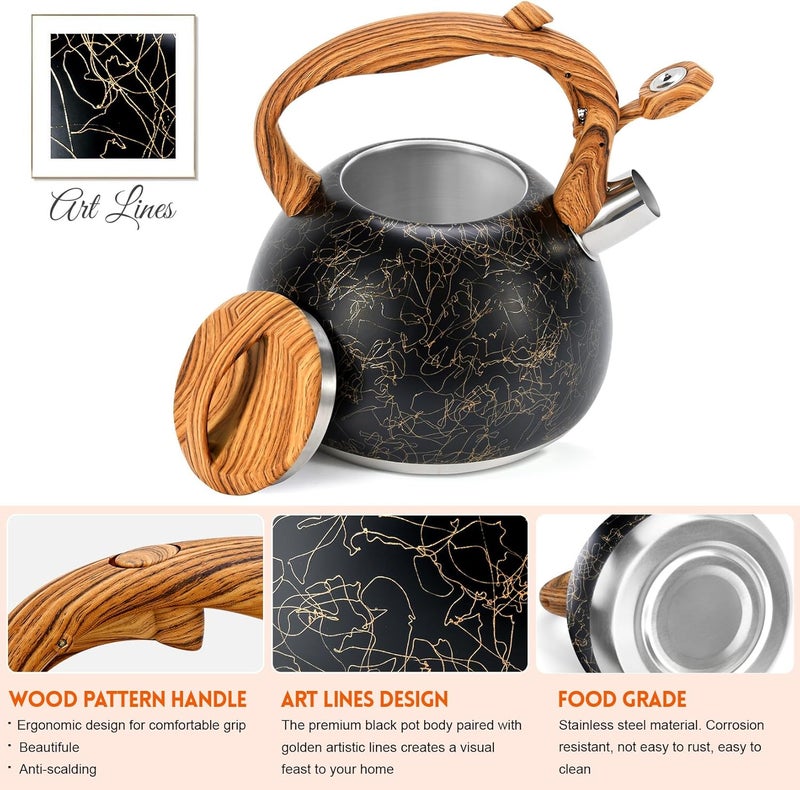 GGC Tea Kettle for Stove Top, Loud Whistling Kettle for Boiling Water Coffee or Milk, 3.1 Quart Stainless Steel Art Line Black Kettle with Wood Pattern Handle, Unique Button Control Kettle Outlet - Image 2