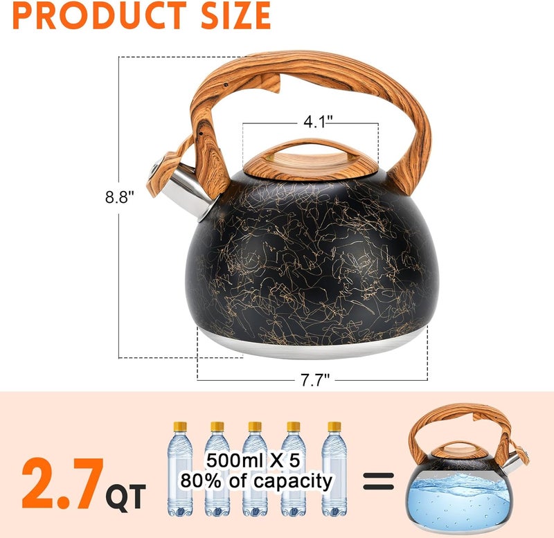 GGC Tea Kettle for Stove Top, Loud Whistling Kettle for Boiling Water Coffee or Milk, 3.1 Quart Stainless Steel Art Line Black Kettle with Wood Pattern Handle, Unique Button Control Kettle Outlet - Image 3