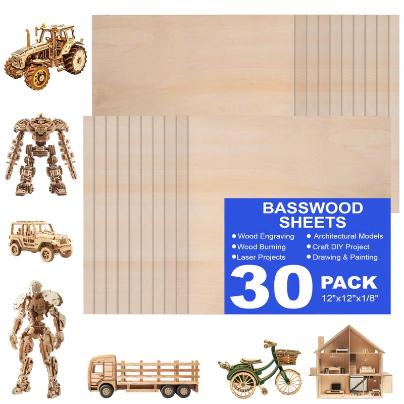 QSJQAMG 30 Pack 12"x12"x1/8" Basswood Sheets for Crafts,3mm Craft Wood Plywood,Unfinished Wood,for DIY Ornaments and Model Engraving,Wood for Laser Cutting,Architectural Models,Drawing,Wood Burning - Image 1
