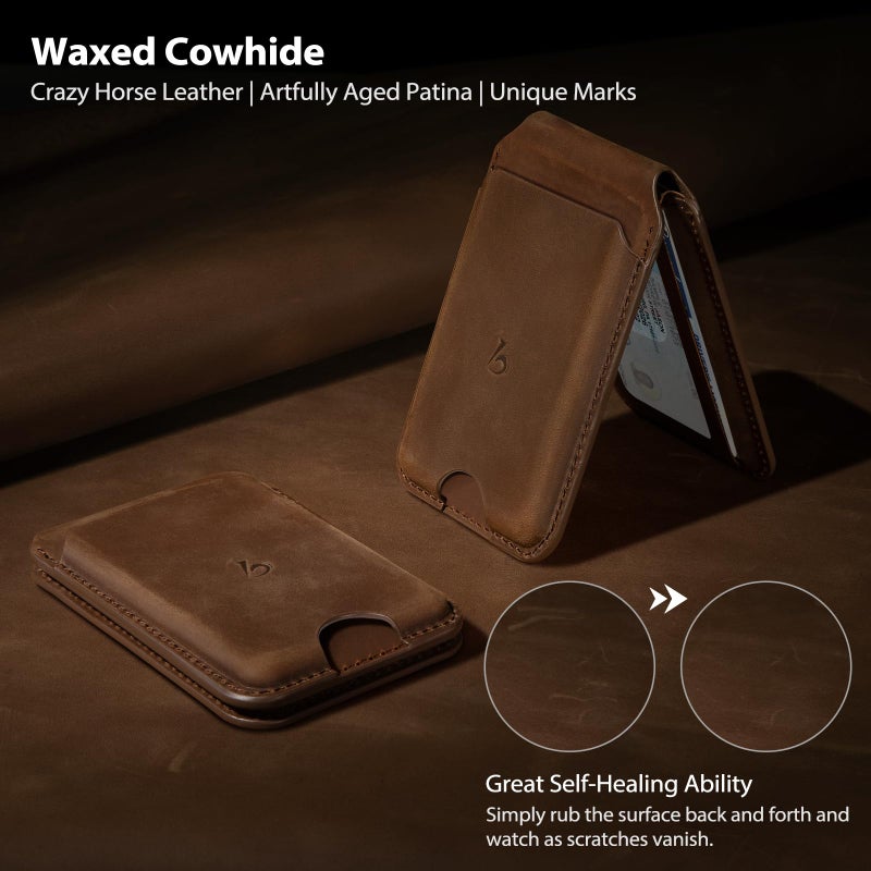 Belemay Strong Magnetic Wallet for MagSafe with Adjustable Stand, Crazy Horse Leather Card Holder, Up to 5 Cards, RFID Blocking, Slim for iPhone 17/16/15/14/13/12 Series Men & Women - Vintage Brown - Image 2